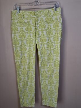 Cartonnier Anthropologie Chartreuse & White Damask "Charlie" Cropped Pants; Sz 4